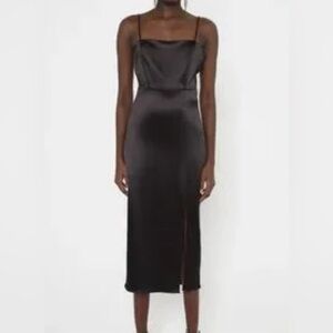 Zara Satin Black Tube Holiday Party Midi Chic Minimalist Slip Dress Size L